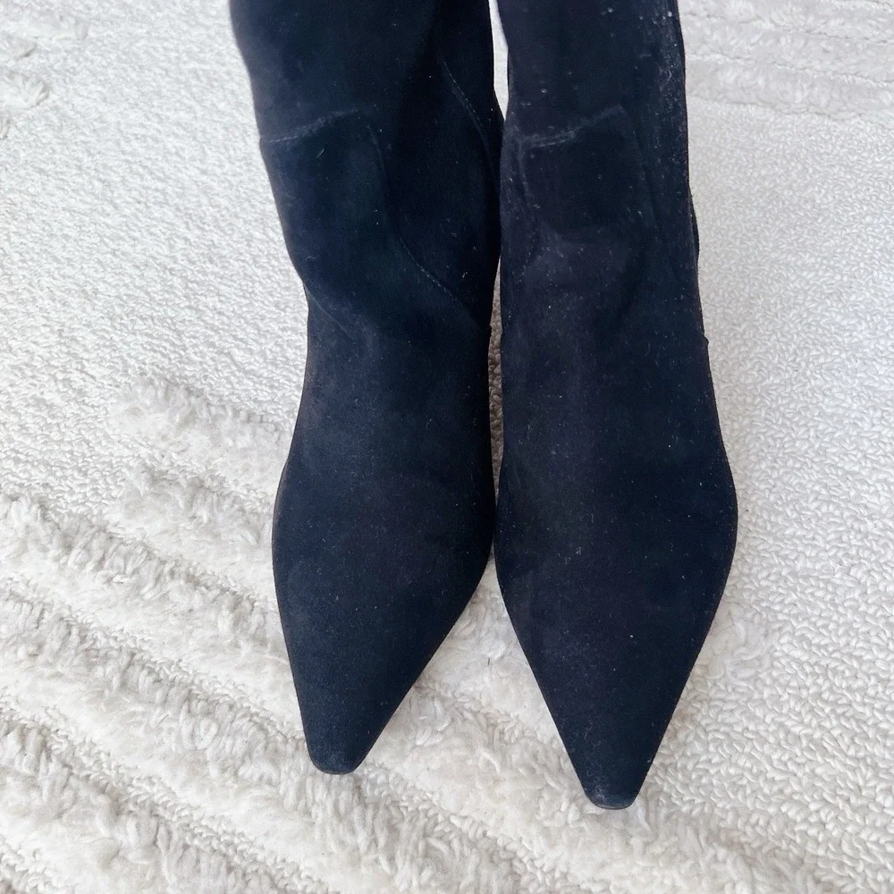 Stuart Weitzman Vinnie 50 Pointed Toe Knee High Boots Black Suede Pull On US 6